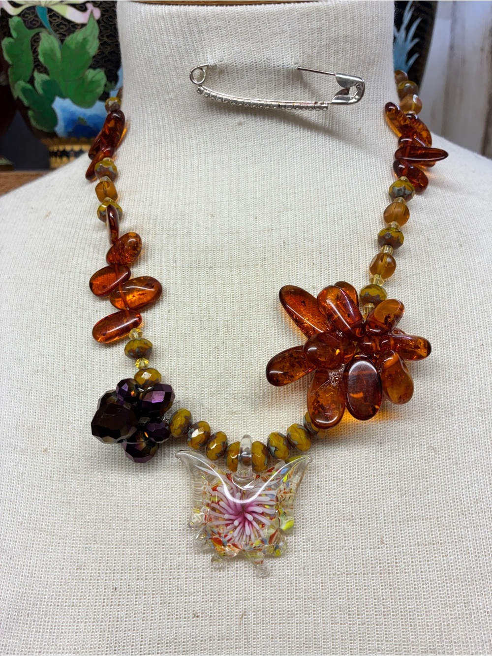 Amber ,Glass butterfly Statement Necklace - Unbranded